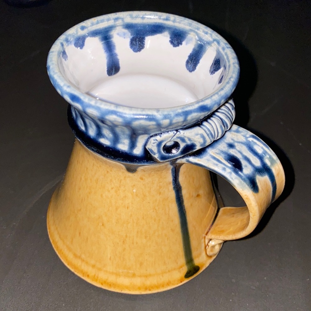 Juba Mountain Pottery mug w/ drip design pattern in blue & beige - signed